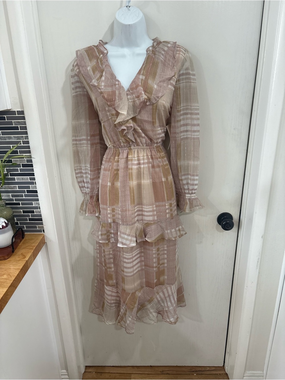 Ruffled Plaid Long-Sleeve Midi Dress in Blush and Taupe